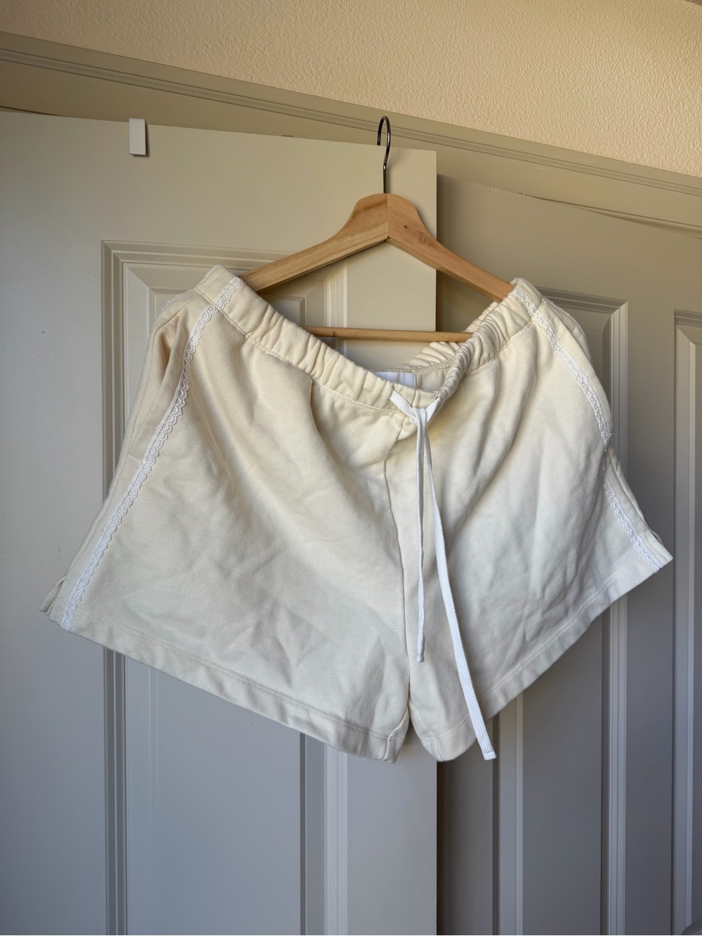 Women's Cream Drawstring Athletic Shorts with Lace Trim